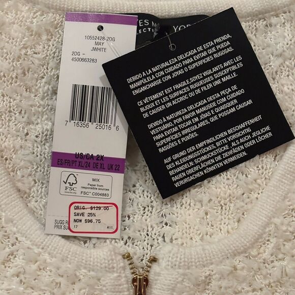 Jones New York Ivory Boucle Cotton Blend Zipper Sweater Cardigan Eyelash 2X NEW - Picture 4 of 10